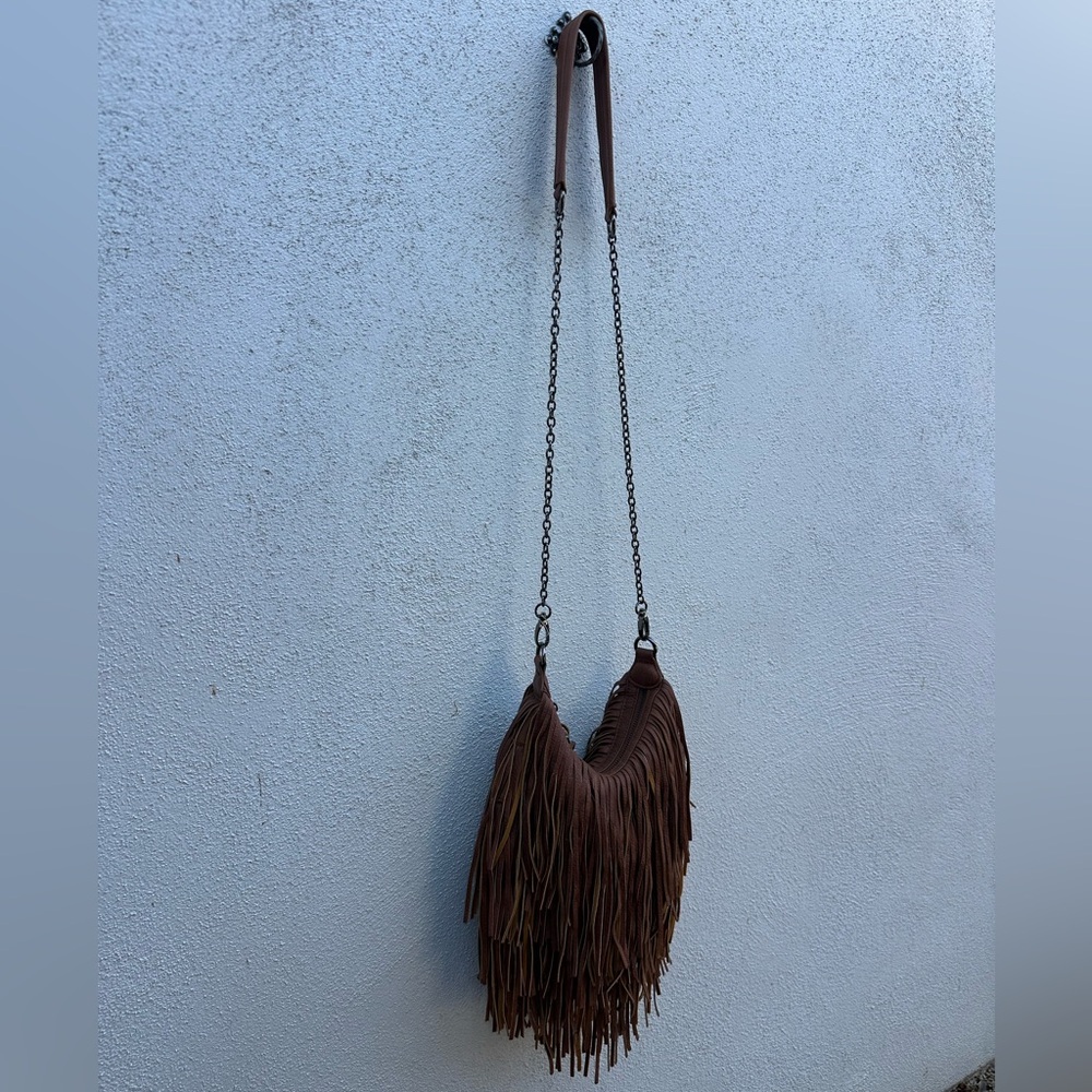 Steve Madden Brown Fringe Crossbody Bag with Chain Strap - Picture 7 of 8